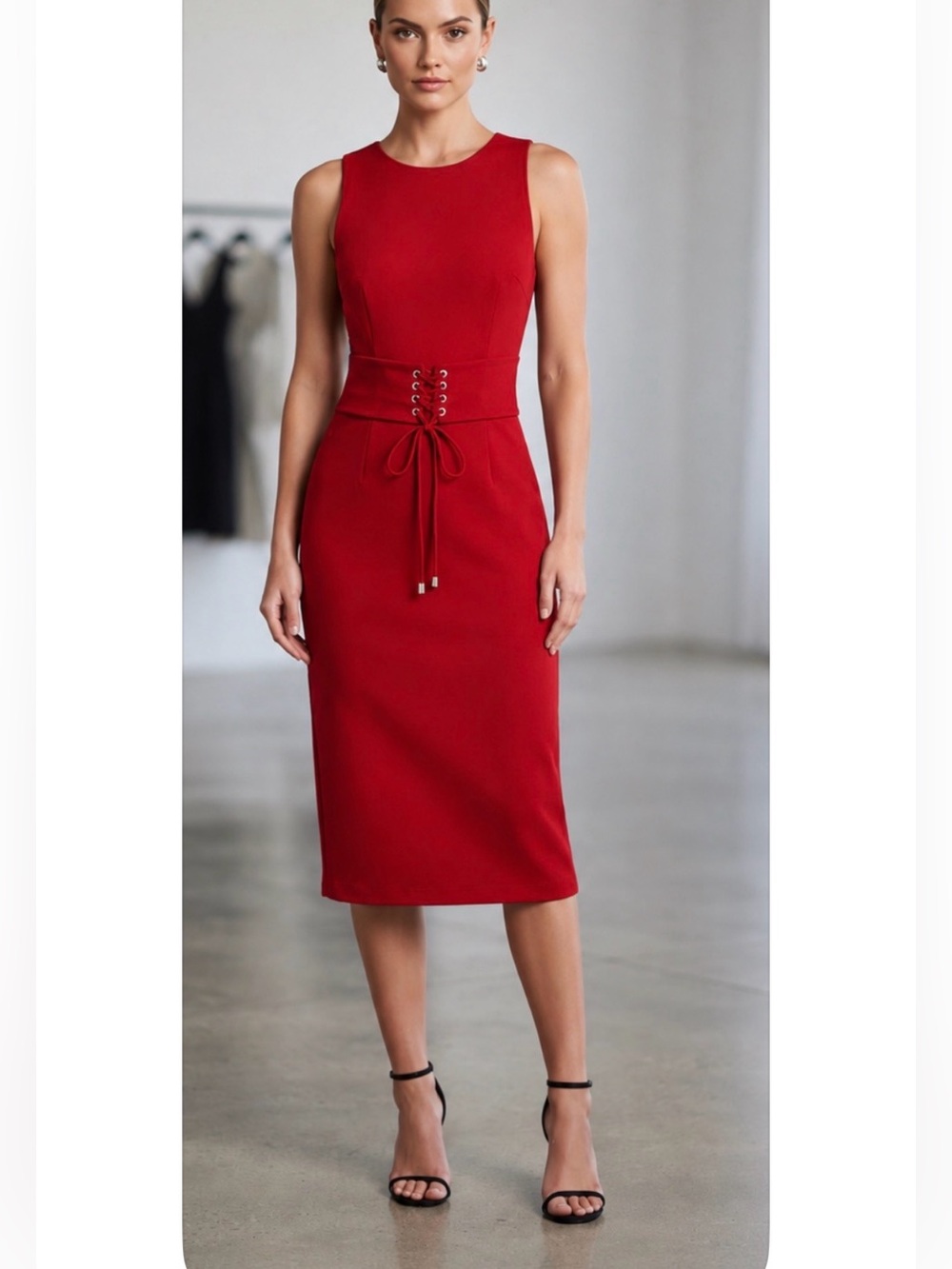 bebe Red Lace-Up Waist Pencil Dress